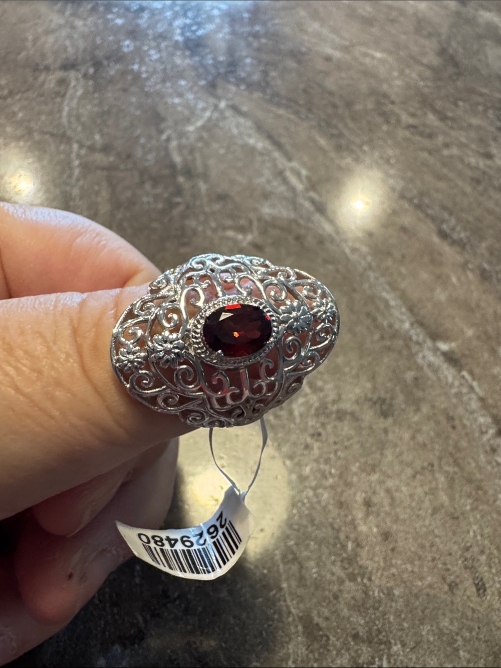 Stylish Filigree Ring with Deep Red Gemstone